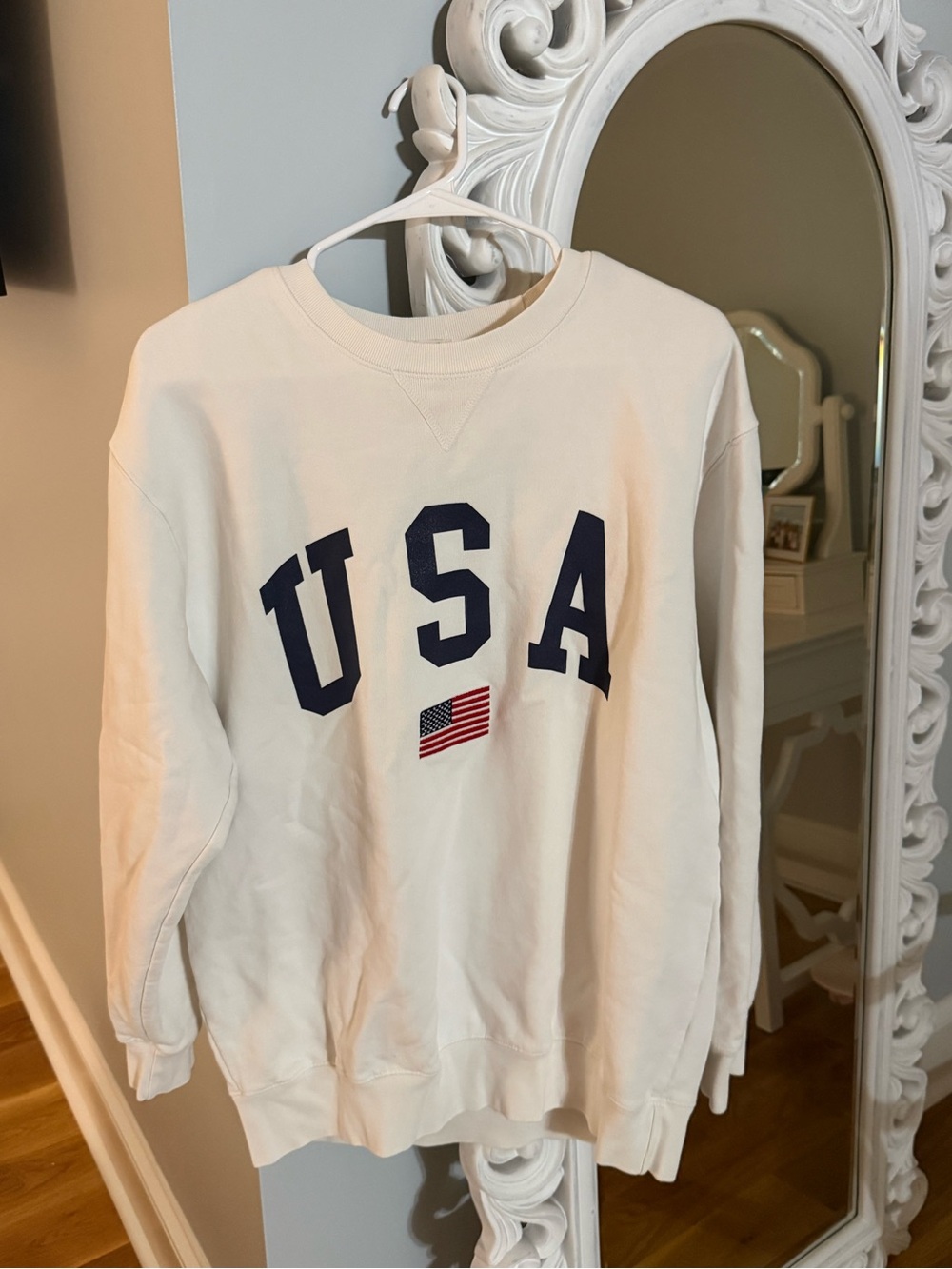 Brandy Melville Cream Sweatshirt with Navy USA Letters and Red Accent Flag
